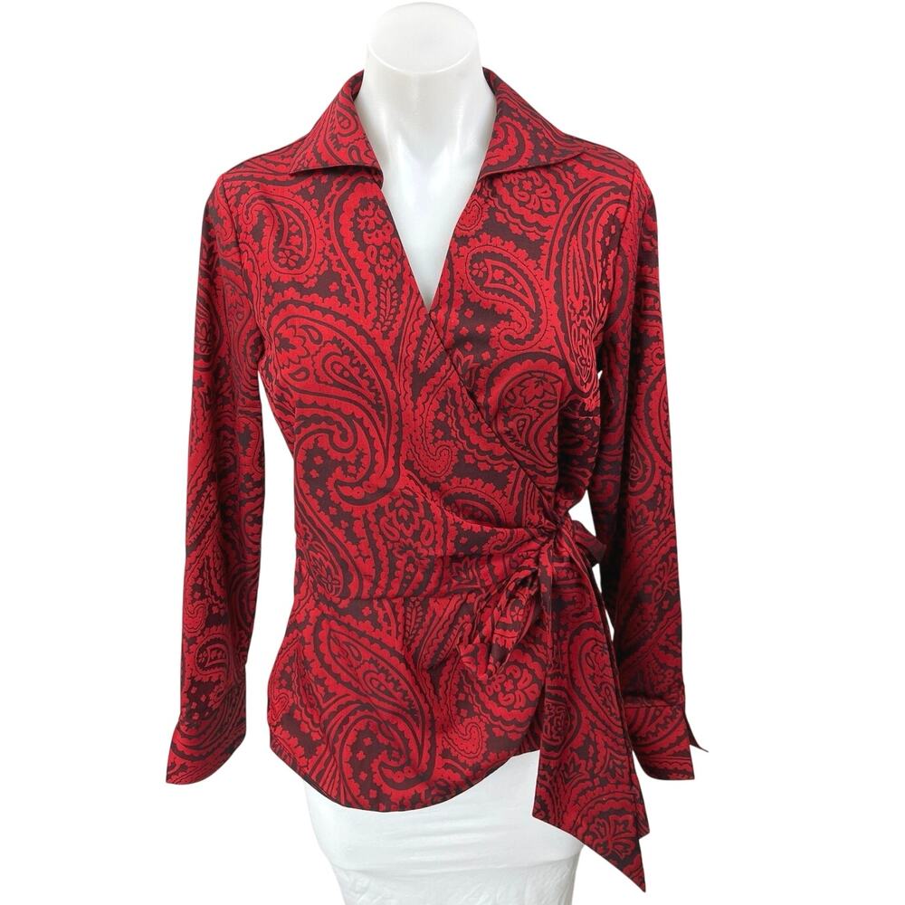 Foxcroft Salina Red Black Paisley Jacquard Long Sleeve Wrap Tie Blouse Top Sz S